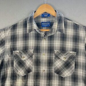 Pendleton Mens Tracker Shirt Black White Plaid Cotton Short Sleeve Button Up L